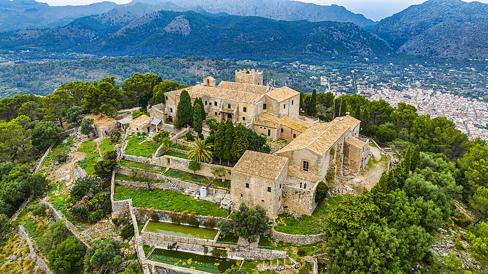 Aerial of the 14th century Santuari de la Mare de Deu des Puig, UNESCO World Heritage Site, Serra de Tramuntana, Pollenca, Mallorca, Balearic Islands, Spain, Mediterranean, Europe