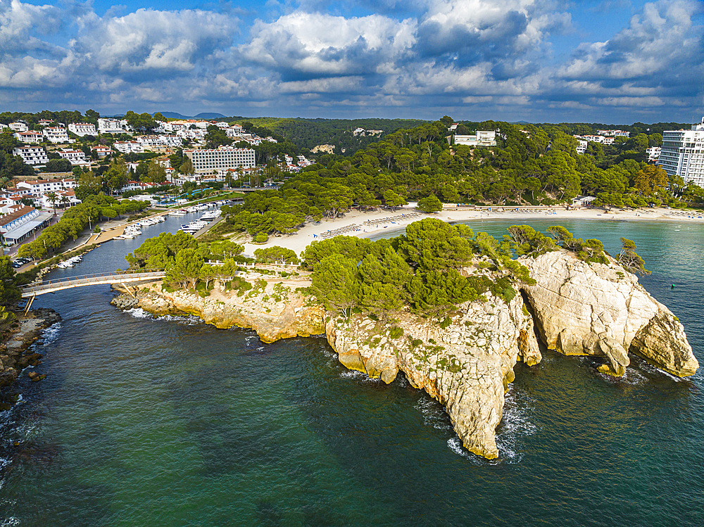 Aerial of the beach of Cala Galdana, Menorca, Balearic Islands, Spain, Mediterranean, Europe