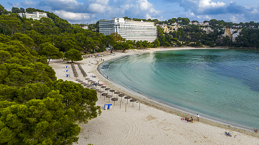 Aerial of the beach of Cala Galdana, Menorca, Balearic Islands, Spain, Mediterranean, Europe