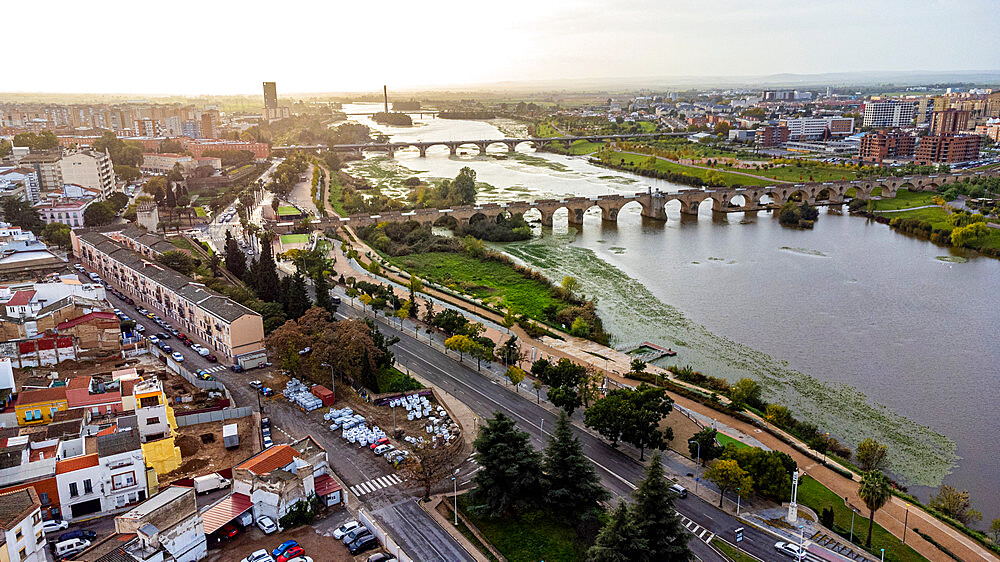 Aerial view of the Guadiana river and its bridges, Badajoz, Extremadura, Spain