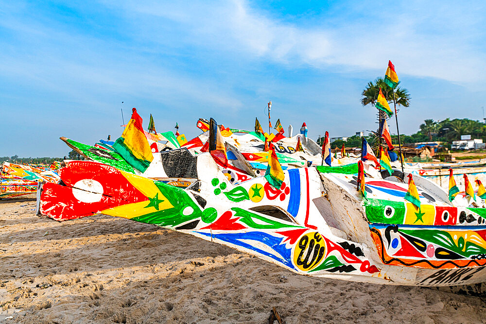 Colourful fishing boats, Cap Skirring, Casamance, Senegal, Africa