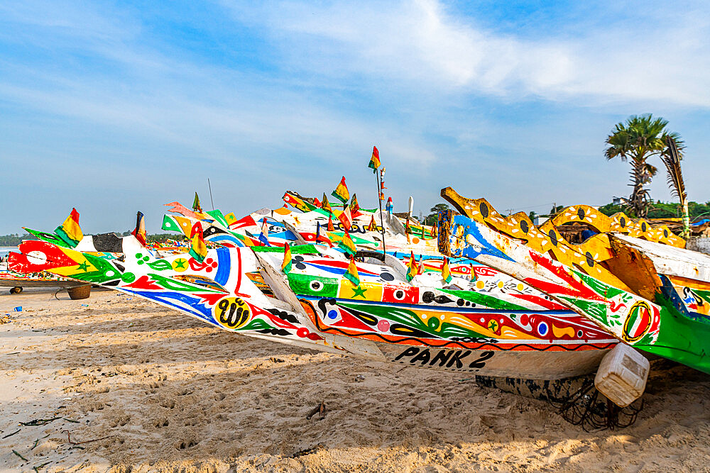 Colourful fishing boats, Cap Skirring, Casamance, Senegal, Africa