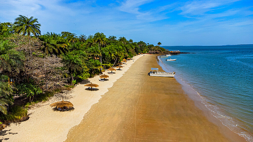 Aerial of a sandy beach on Rubane island, Bijagos archipelago, Guinea Bissau, Africa