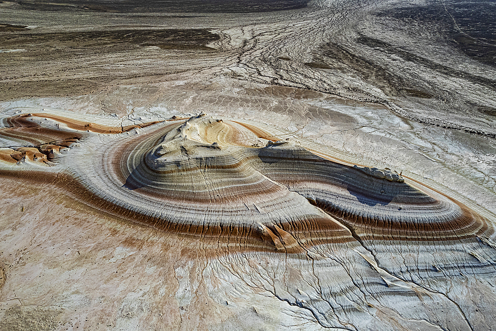 Aerial of multicoloured layers of sandstone, Kyzylkup, Mangystau, Kazakhstan