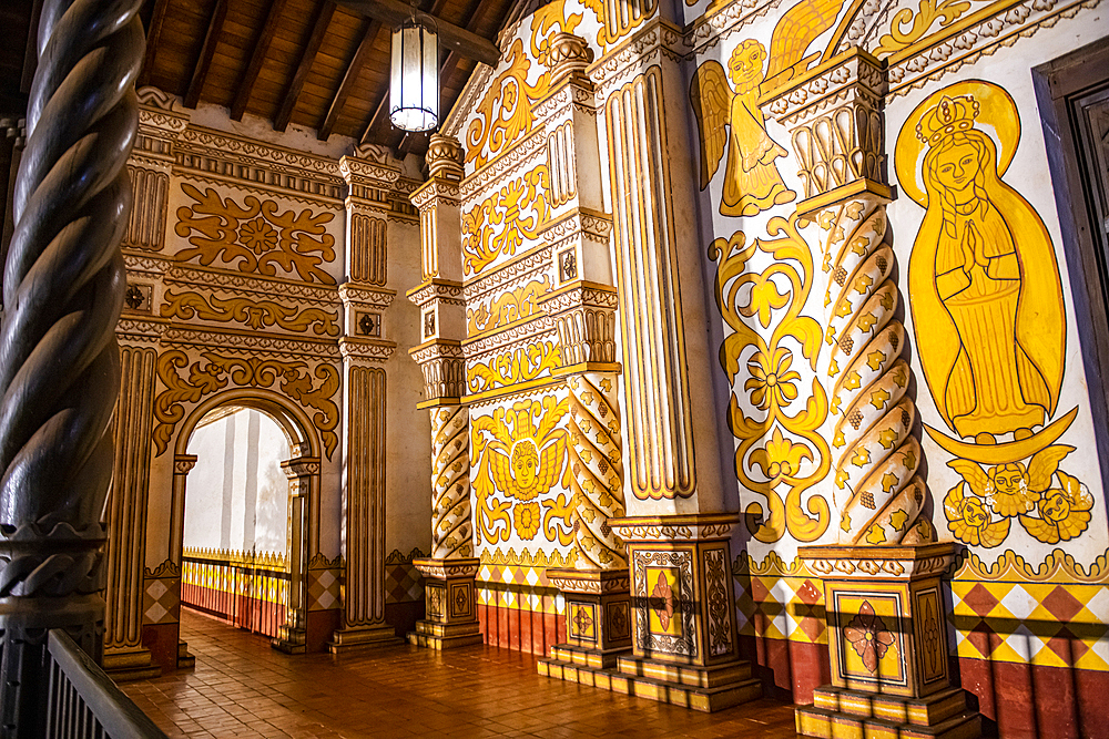 Front portal of the Mission of Concepcion at night, Jesuit Missions of Chiquitos, UNESCO World Heritage Site, Santa Cruz department, Bolivia, South America