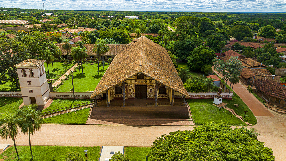 Aerial of the San Miguel Mission, Jesuit Missions of Chiquitos, UNESCO World Heritage Site, Santa Cruz department, Bolivia, South America