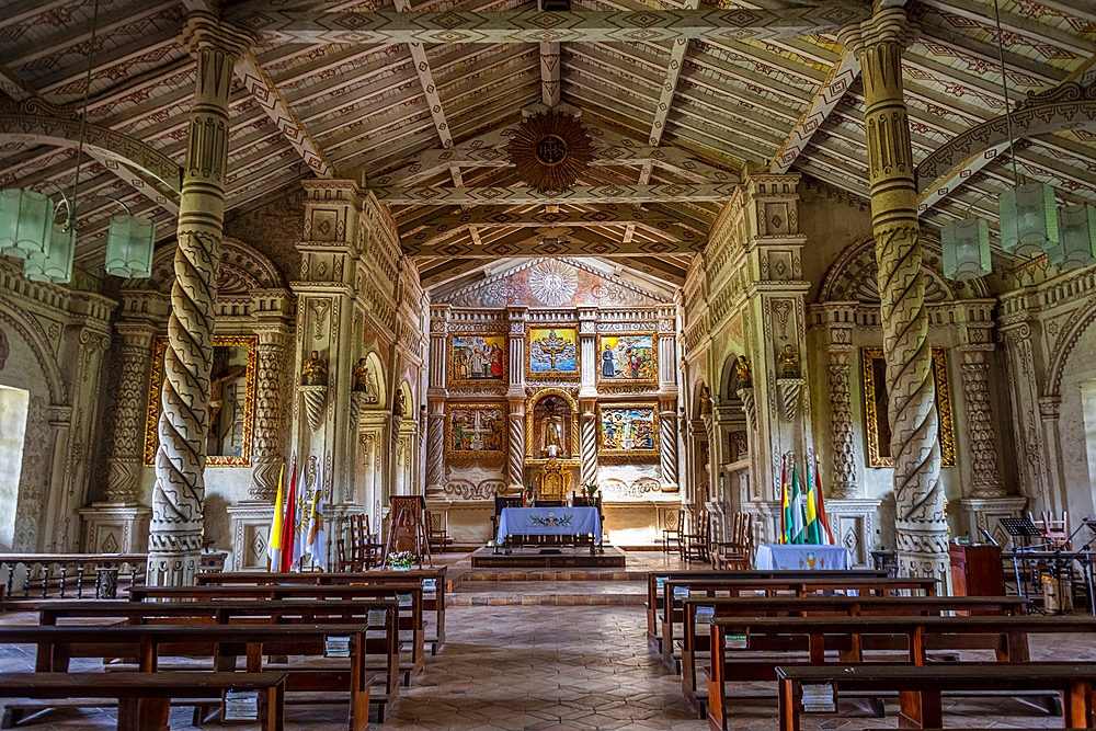 Colourful painted San Javier Mission, Jesuit Missions of Chiquitos, UNESCO World Heritage Site, Santa Cruz department, Bolivia, South America