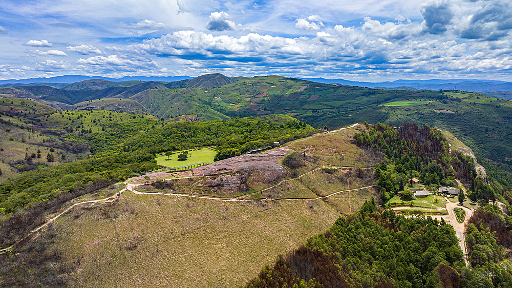 Aerial of El Fuerte de Samaipata, Pre-Columbian archaeological site, UNESCO World Heritage Site, Santa Cruz department, Bolivia, South America