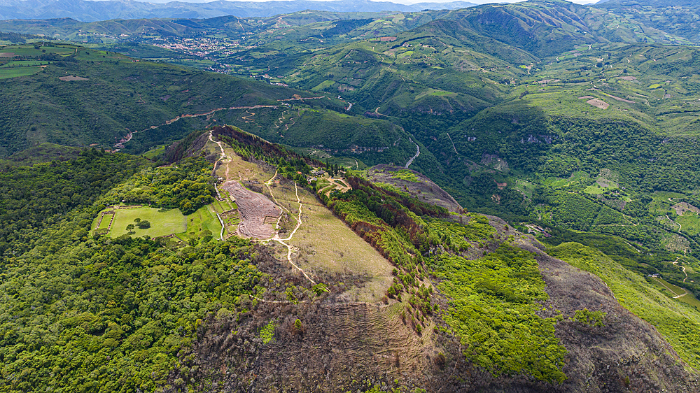 Aerial of El Fuerte de Samaipata, Pre-Columbian archaeological site, UNESCO World Heritage Site, Santa Cruz department, Bolivia, South America