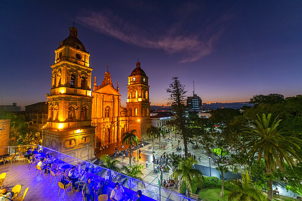 Cathedral Basilica of St. Lawrence at nighttime, Santa Cruz de la Sierra, Bolivia, South America