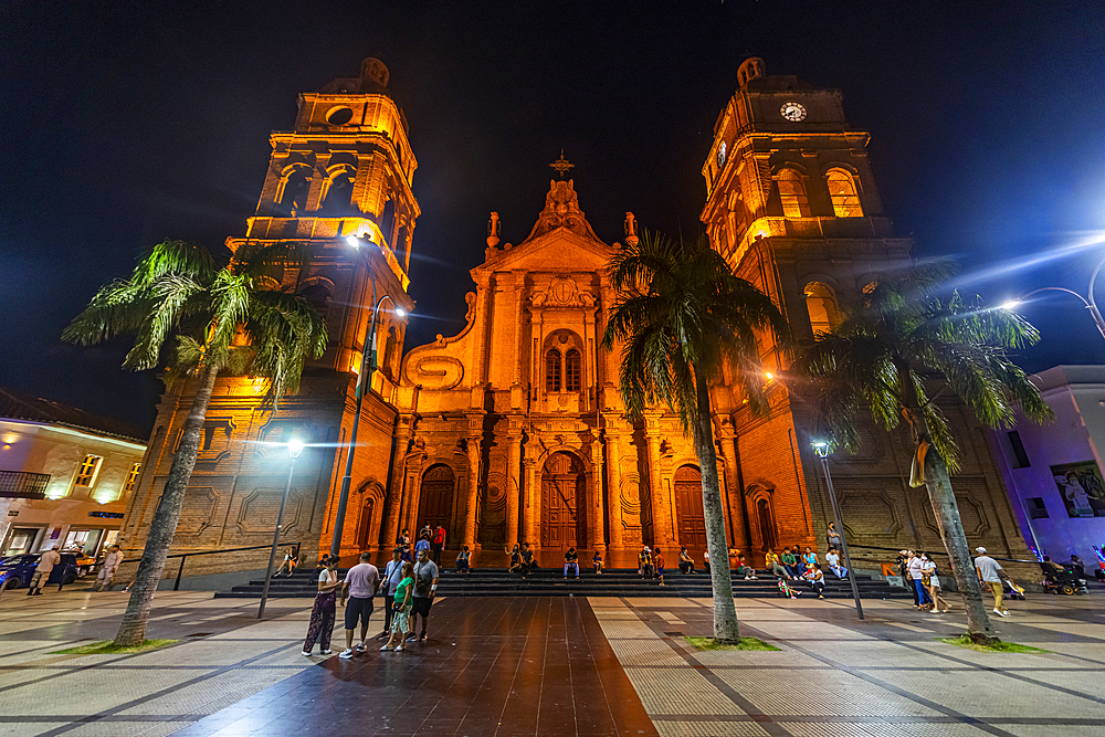 Cathedral Basilica of St. Lawrence at nighttime, Santa Cruz de la Sierra, Bolivia, South America