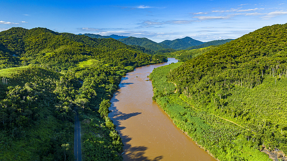 Aerial of the Iguape River, Atlantic Forest South-East Reserves, UNESCO World Heritage Site, Alto Ribeira Touristic State Park, Sao Paulo State, Brazil, South America