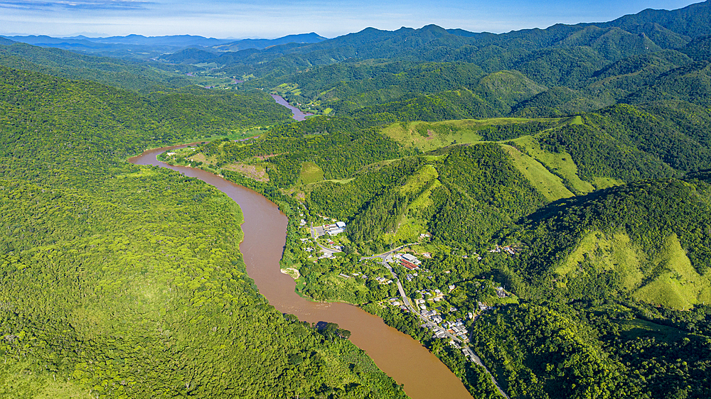 Aerial of the Iguape River, Atlantic Forest South-East Reserves, UNESCO World Heritage Site, Alto Ribeira Touristic State Park, Sao Paulo State, Brazil, South America