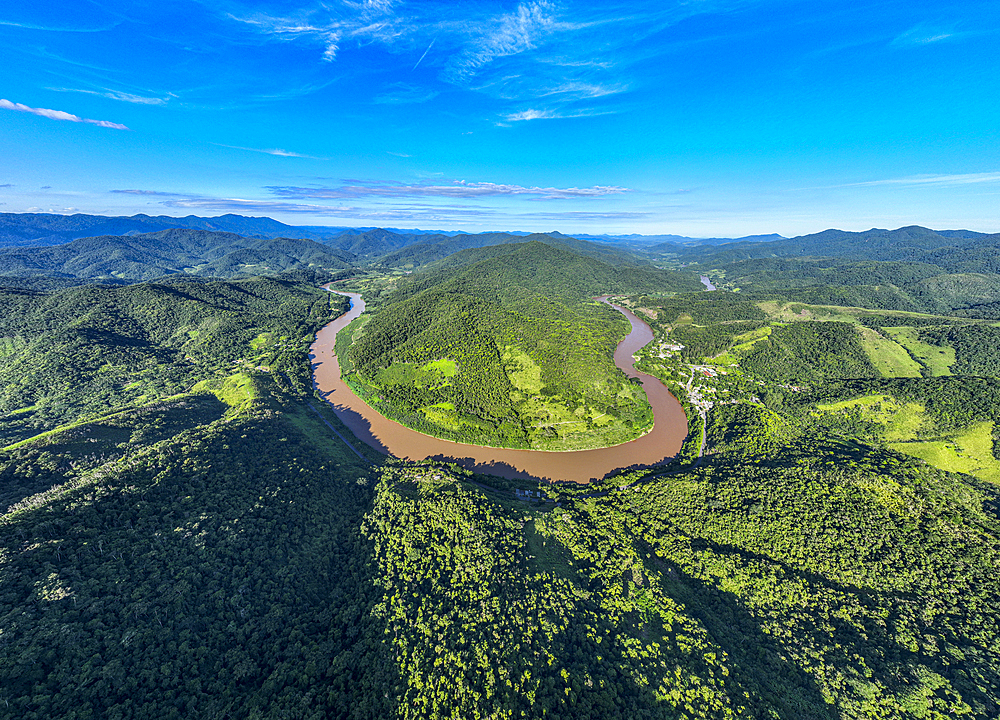 Aerial of the Iguape River, Atlantic Forest South-East Reserves, UNESCO World Heritage Site, Alto Ribeira Touristic State Park, Sao Paulo State, Brazil, South America