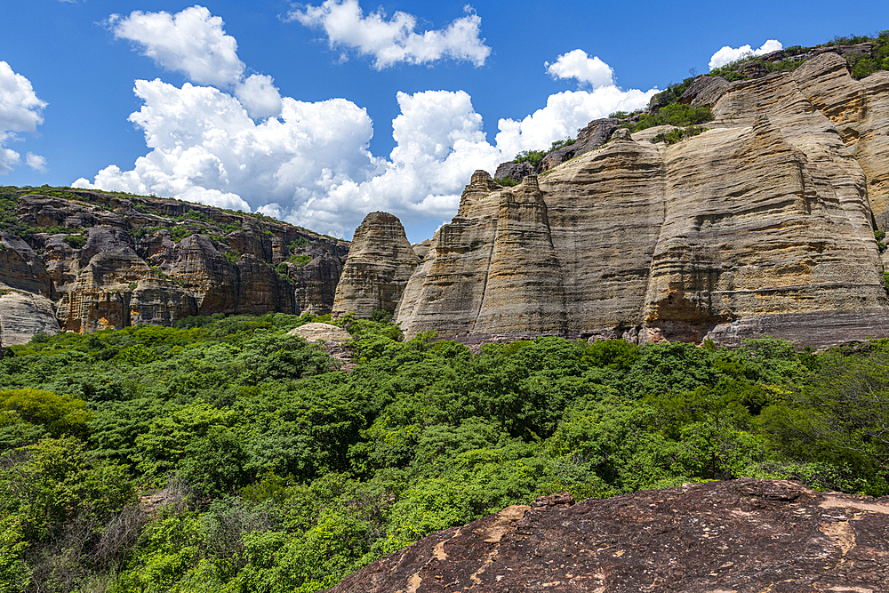 Sandstone cliffs at Pedra Furada, Serra da Capivara National Park, UNESCO World Heritage Site, Piaui, Brazil, South America