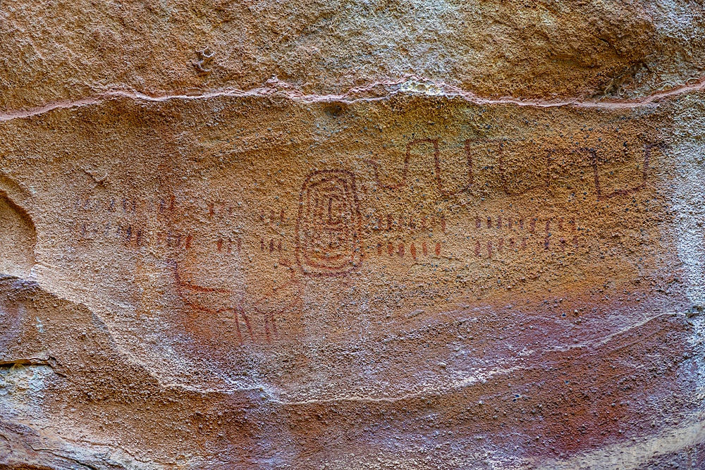 Rock art painting at Pedra Furada, Serra da Capivara National Park, UNESCO World Heritage Site, Piaui, Brazil, South America