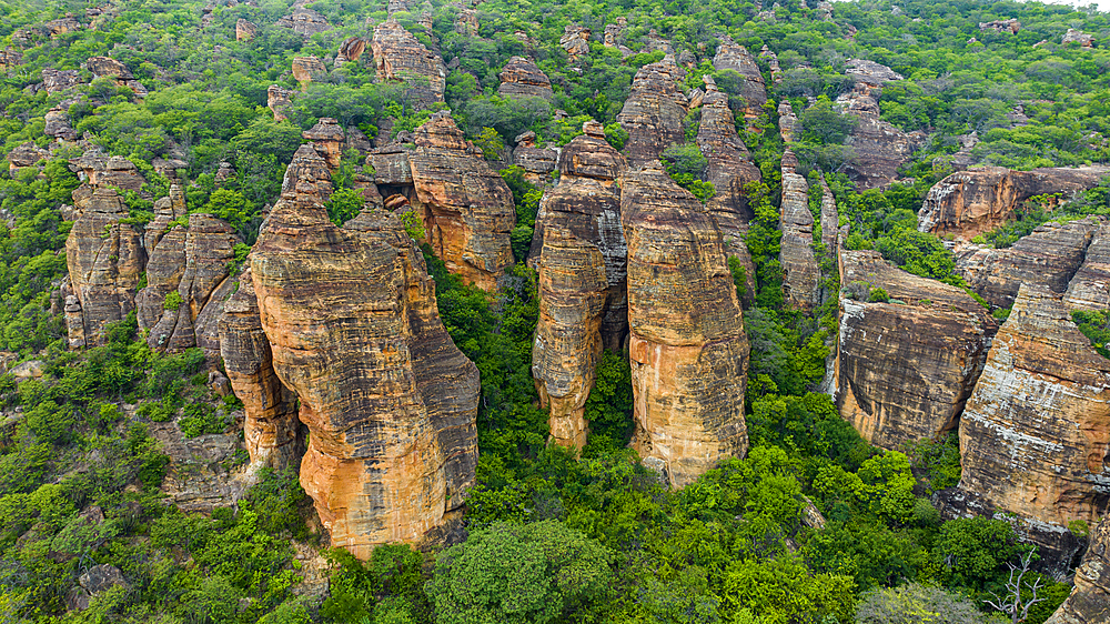 Aerial of the Sandstone cliffs in the Serra da Capivara National Park, UNESCO World Heritage Site, Piaui, Brazil, South America