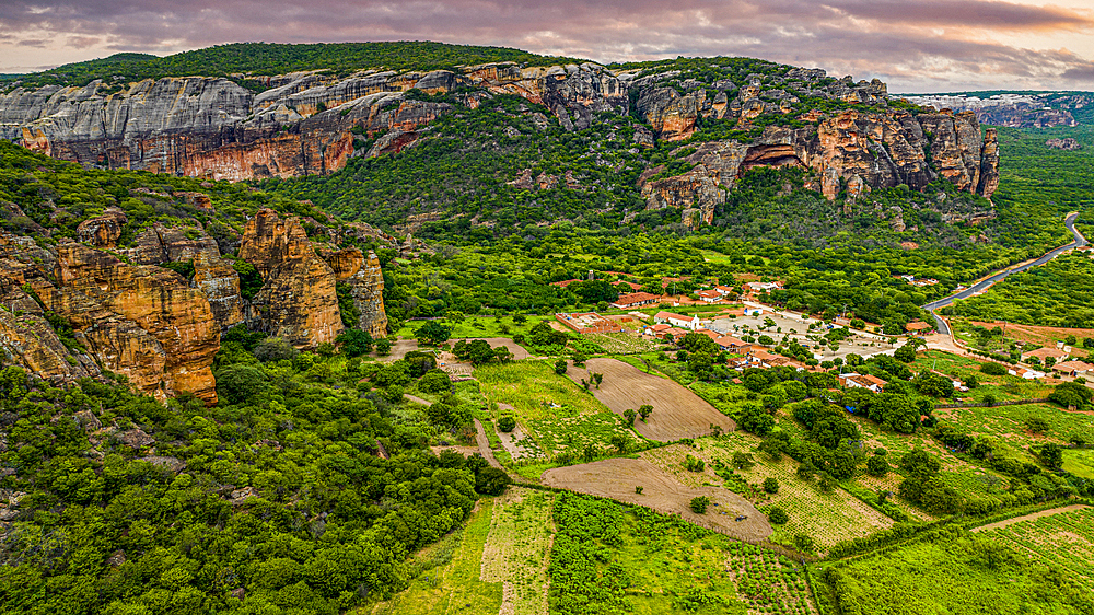 Aerial of the Sandstone cliffs in the Serra da Capivara National Park, UNESCO World Heritage Site, Piaui, Brazil, South America