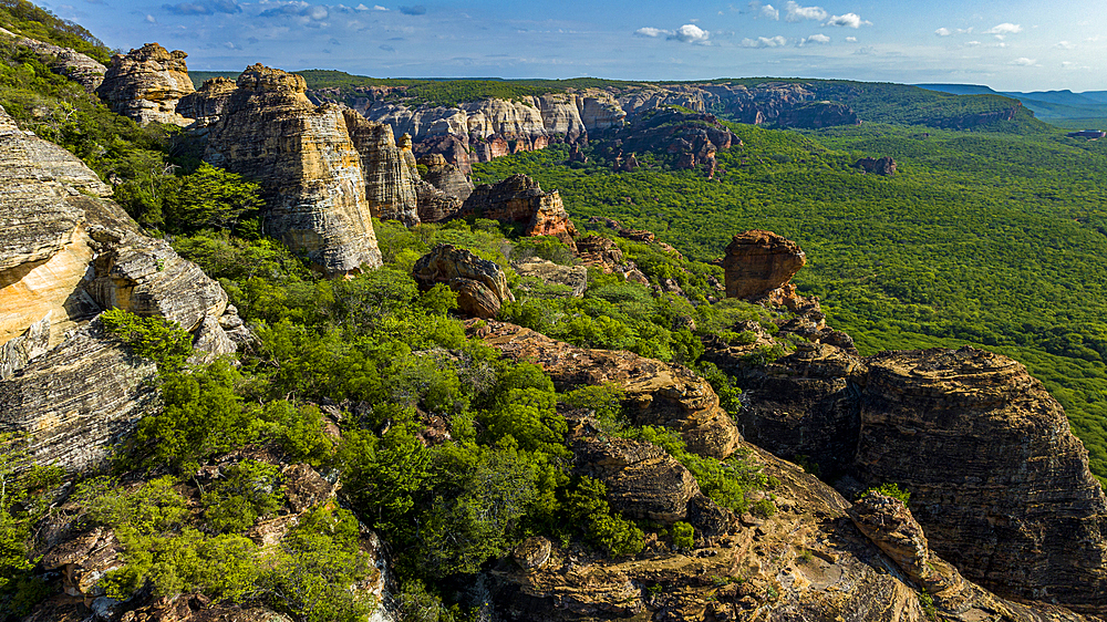 Aerial of the Sandstone cliffs in the Serra da Capivara National Park, UNESCO World Heritage Site, Piaui, Brazil, South America