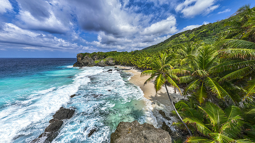 Aerial of Dolly beach, Christmas Island, Australian Indian Ocean Territory, Australia, Indian Ocean