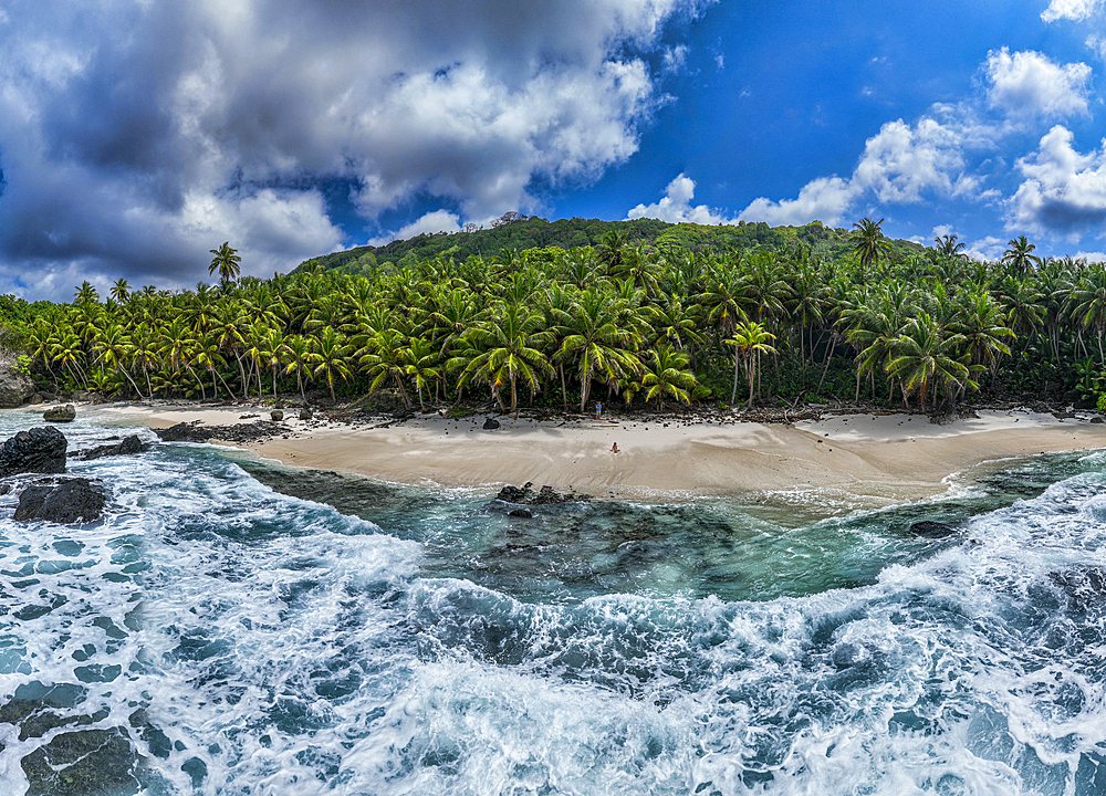 Panoramic aerial of Dolly beach, Christmas Island, Australian Indian Ocean Territory, Australia, Indian Ocean