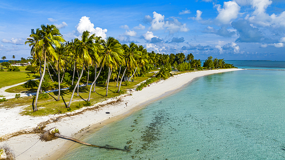 Aerial of white sand beach on Home Island, Cocos (Keeling) Islands, Australian Indian Ocean Territory, Australia, Indian Ocean