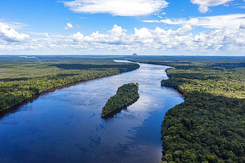 Aerial of the Casiquiare River in the deep south of Venezuela, South America