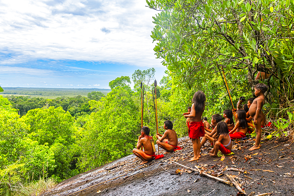 Yanomami tribes men standing in the jungle, southern Venezuela, South America