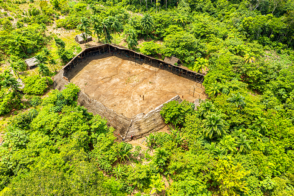 Aerial of a shabono (yanos), the traditional communal dwellings of the Yanomami tribes of Southern Venezuela, Venezuela, South America