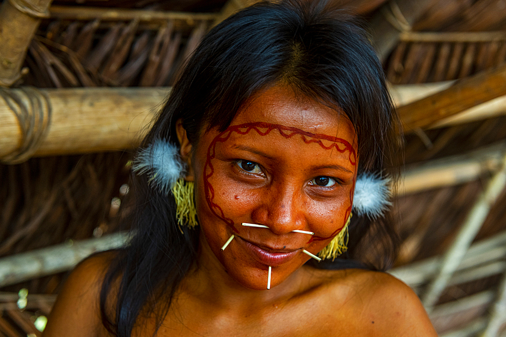 Pretty young woman from the Yanomami tribe, southern Venezuela, South America