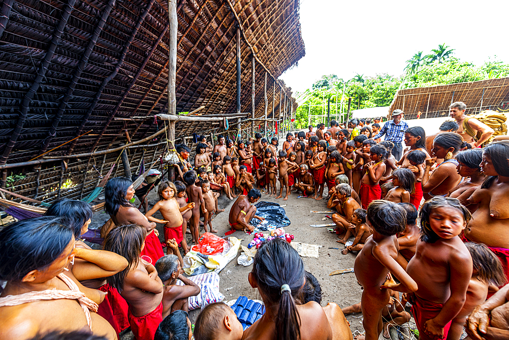 Yanomami tribe distributing gifts in their tribe, southern Venezuela, South America