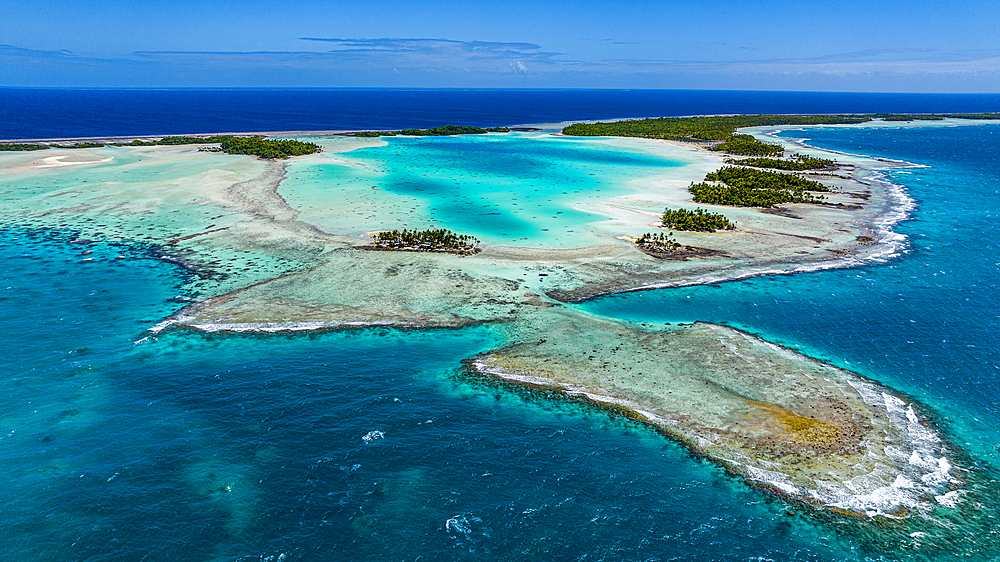 Aerial of the Blue Lagoon, Rangiroa atoll, Tuamotus, French Polynesia, South Pacific, Pacific