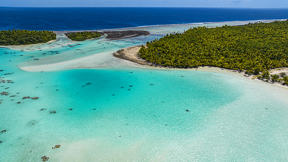 Aerial of the Blue Lagoon, Rangiroa atoll, Tuamotus, French Polynesia, South Pacific, Pacific