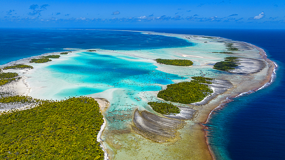 Aerial of the Blue Lagoon, Rangiroa atoll, Tuamotus, French Polynesia, South Pacific, Pacific