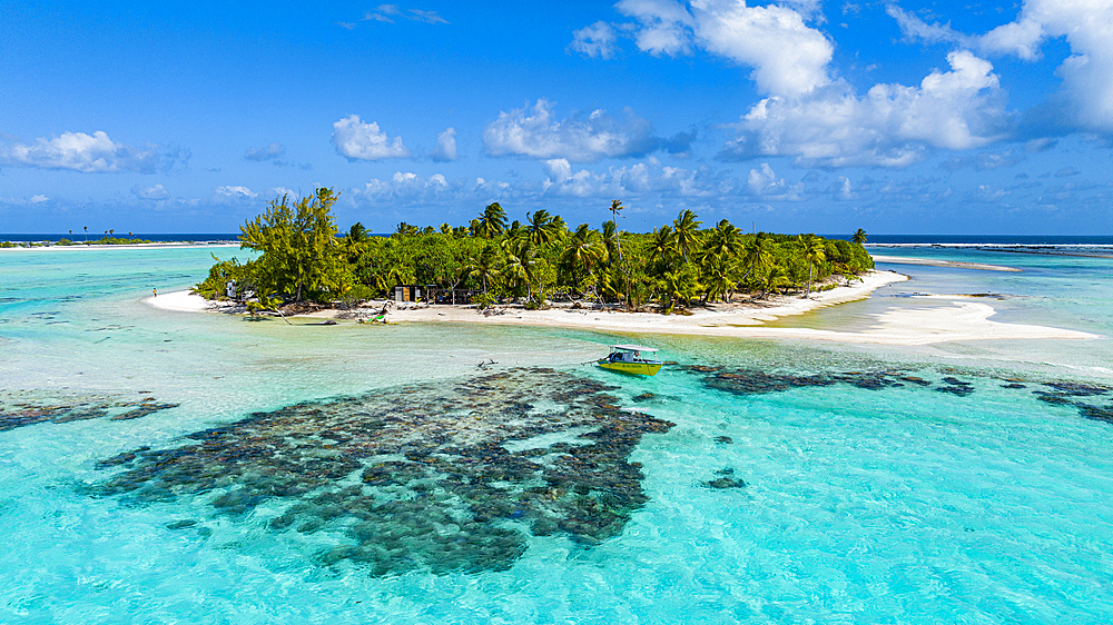 Aerial of the Blue Lagoon, Rangiroa atoll, Tuamotus, French Polynesia, South Pacific, Pacific