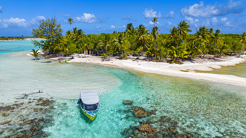 Aerial of the Blue Lagoon, Rangiroa atoll, Tuamotus, French Polynesia, South Pacific, Pacific