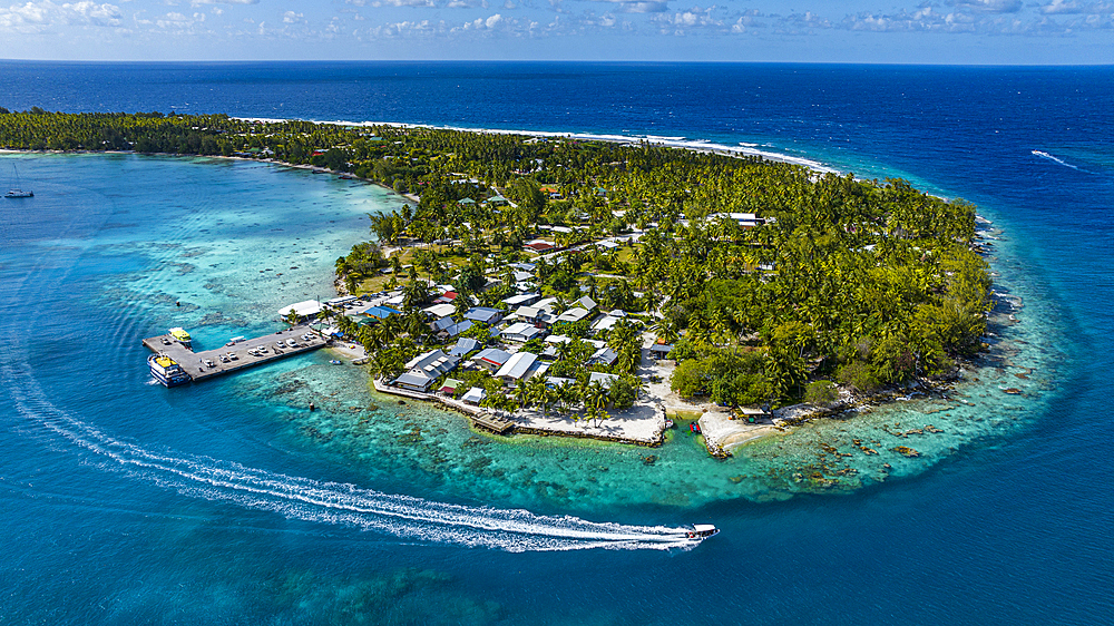 Aerial of the Tiputa Pass, Rangiroa atoll, Tuamotus, French Polynesia, South Pacific, Pacific