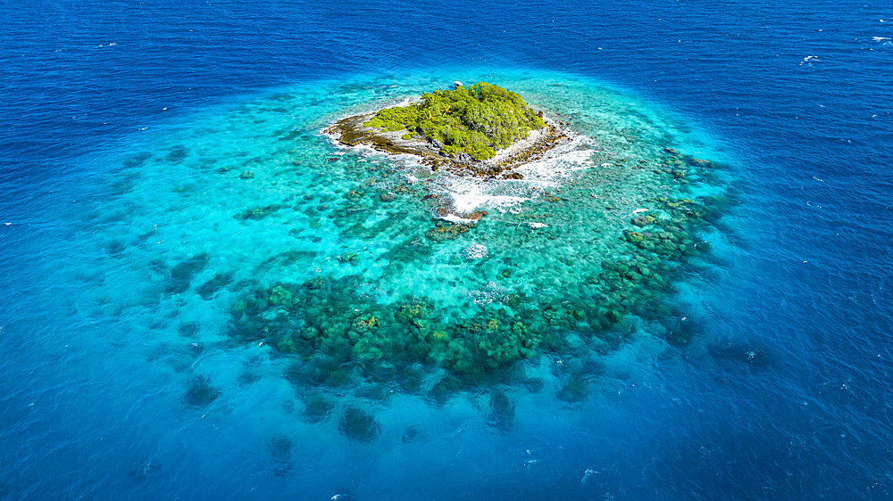 Aerial of a small island in the lagoon of the Rangiroa atoll, Tuamotus, French Polynesia, South Pacific, Pacific