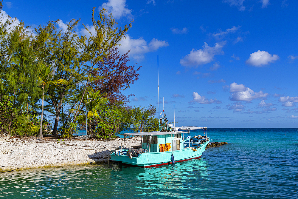 Blue painted boat, Rangiroa atoll, Tuamotus, French Polynesia, South Pacific, Pacific