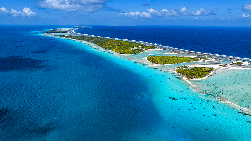 Aerial of the Ile aux Recifs, Rangiroa atoll, Tuamotus, French Polynesia, South Pacific, Pacific