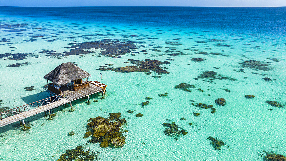 Aerial of sundeck over the lagoon of Fakarava, Tuamotu archipelago, French Polynesia, South Pacific, Pacific