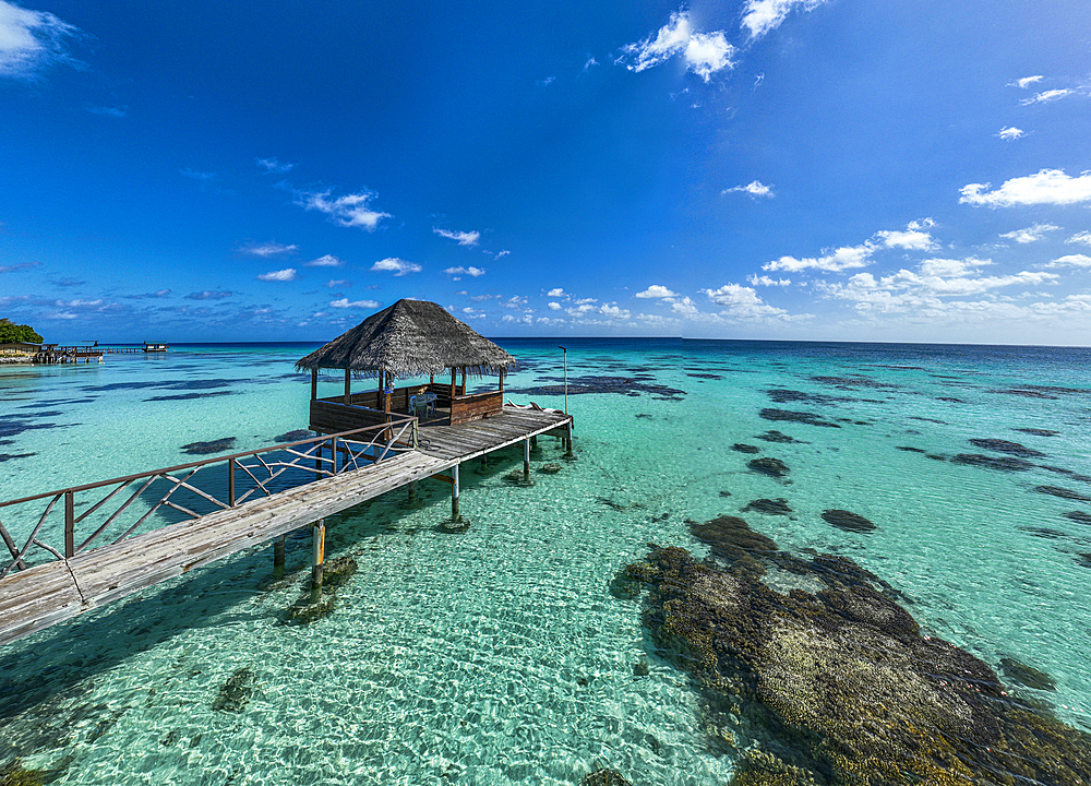 Aerial of sundeck over the lagoon of Fakarava, Tuamotu archipelago, French Polynesia, South Pacific, Pacific