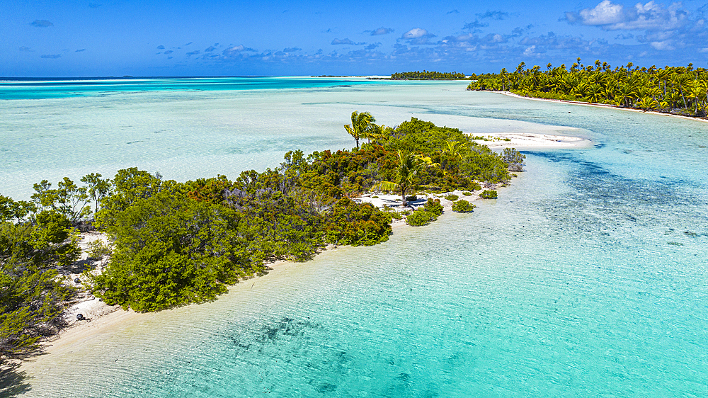 Aerial of the blue lagoon, Fakarava, Tuamotu archipelago, French Polynesia, South Pacific, Pacific