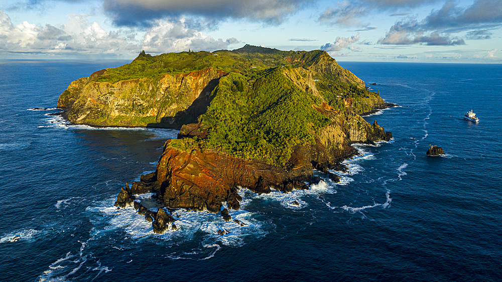 Aerial of Pitcairn island with St. Pauls Pool, British Overseas Territory, South Pacific, Pacific