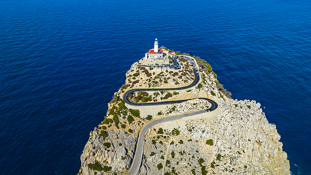 Aerial of the Formentor lighthouse, Mallorca, Balearic Islands, Spain, Mediterranean, Europe