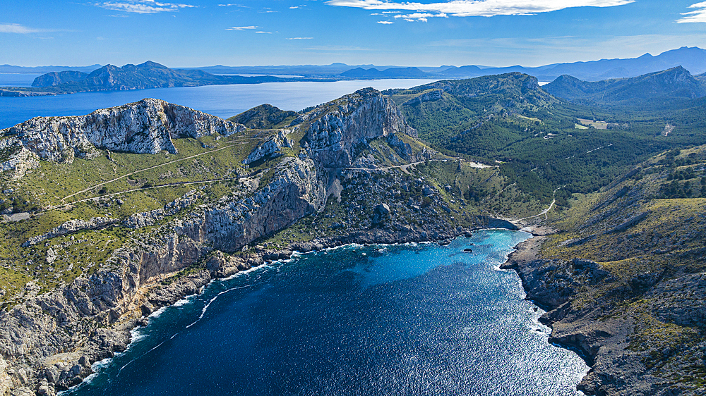 Aerial of the Formentor peninsula, Mallorca, Balearic Islands, Spain, Mediterranean, Europe