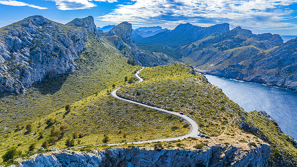 Aerial of the Formentor peninsula, Mallorca, Balearic Islands, Spain, Mediterranean, Europe