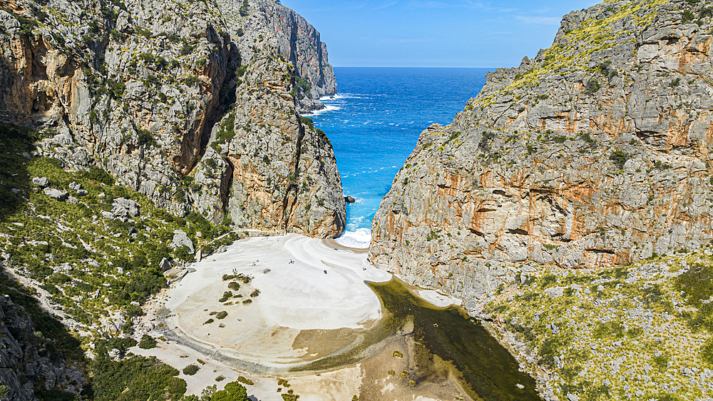 Aerial of the Gorge of Sa Calobra, Mallorca, Balearic Islands, Spain, Mediterranean, Europe