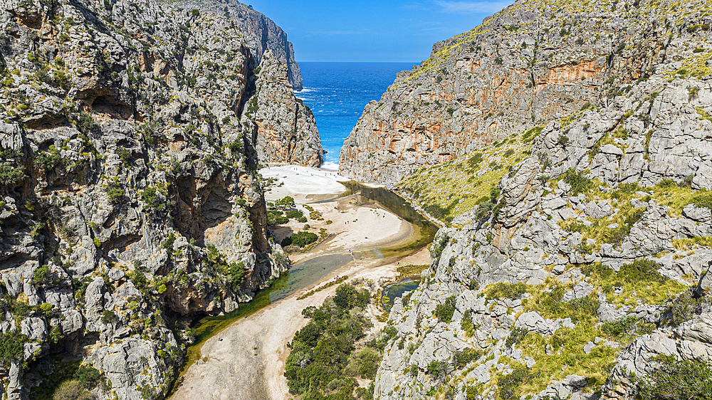 Aerial of the Gorge of Sa Calobra, Mallorca, Balearic Islands, Spain, Mediterranean, Europe