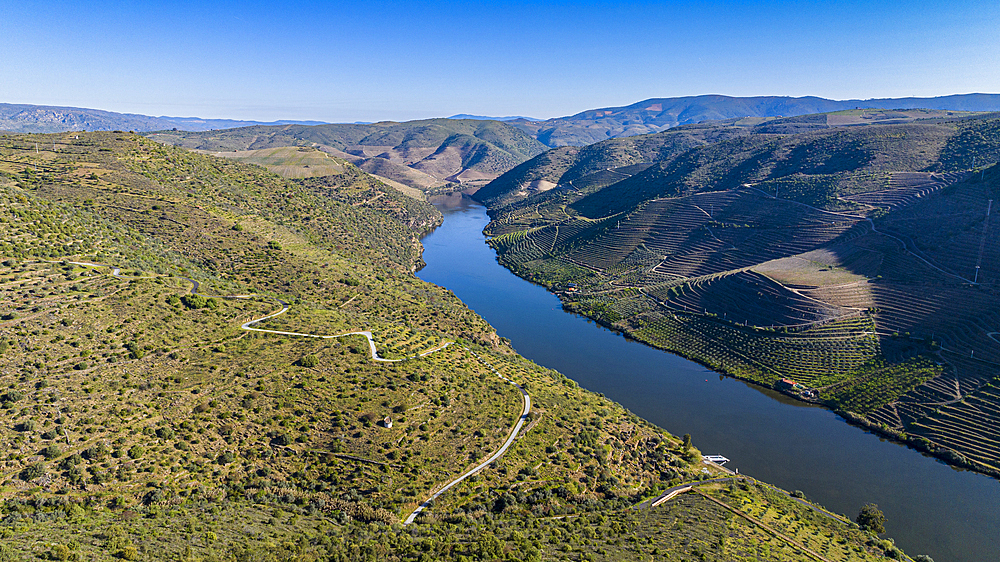 Aerial of the Rock Art site, UNESCO World Heritage Site, Vale de Coa, Portugal, Europe